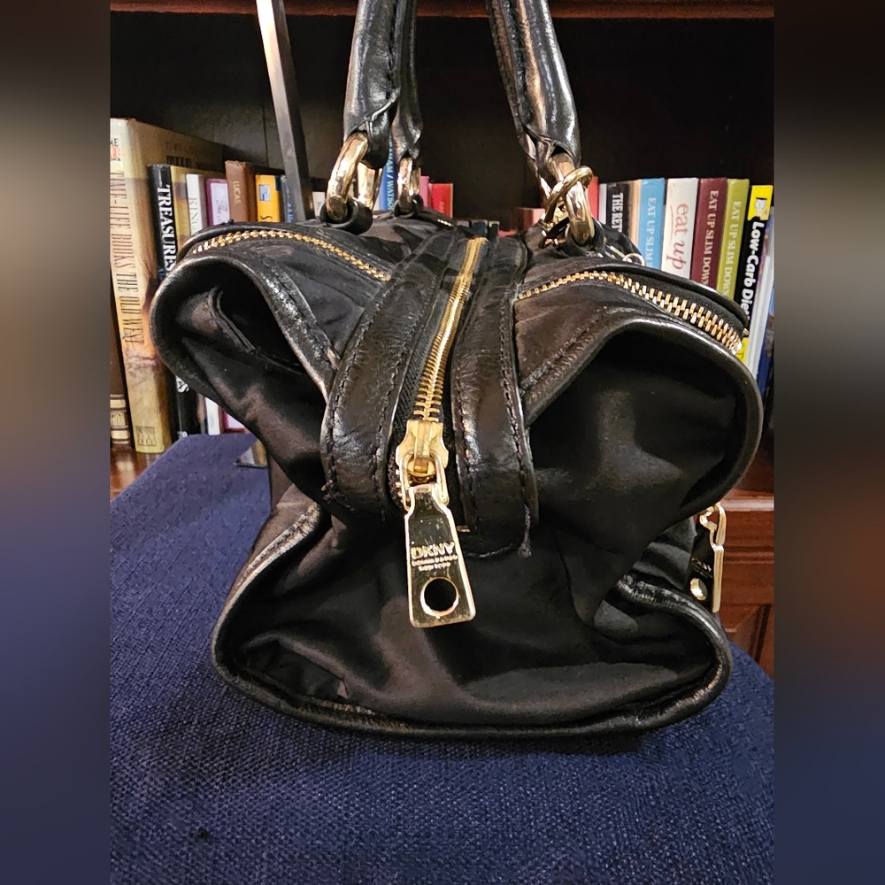 DKNY Black Nylon Leather Trim Satchel with Gold Accents - Picture 9 of 16